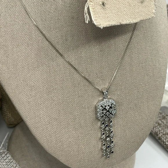 Technibond Platinum Sterling Silver & Blue Sapphire CZ Pendant Necklace - Picture 14 of 17